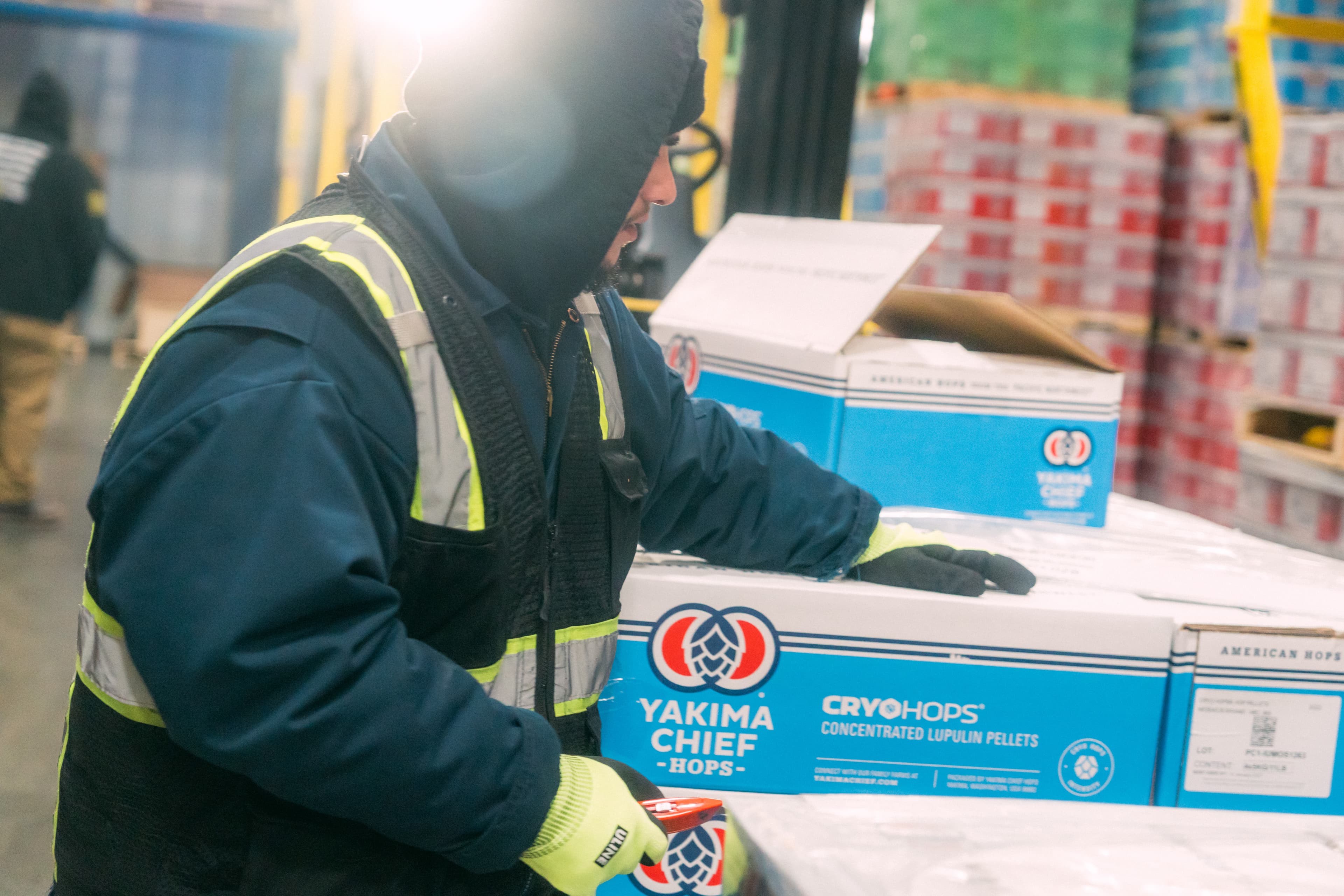 Image of a man packing a pallet of 'cryo hops' product